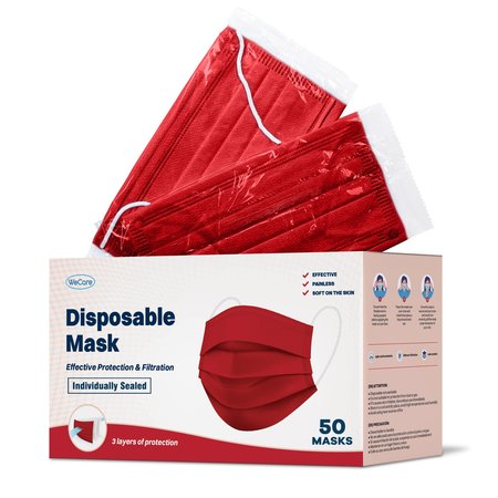 WECARE Individually Wrapped Face Masks, Red, 50PK WC-WMN100021-RD-FACE-MASK-50PK-1